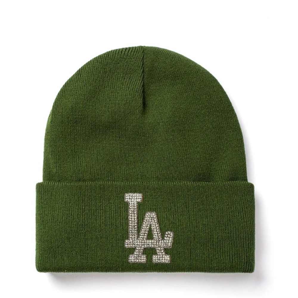 NEW “LA”  Satin lined Beanie with (Silver) Rhinestone Logo.